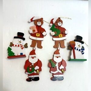 Set of 6 Vintage Wooden Christmas Ornaments Santas, Teddy Bears, Snowmen